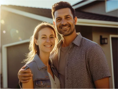 Couple smiling in front of home